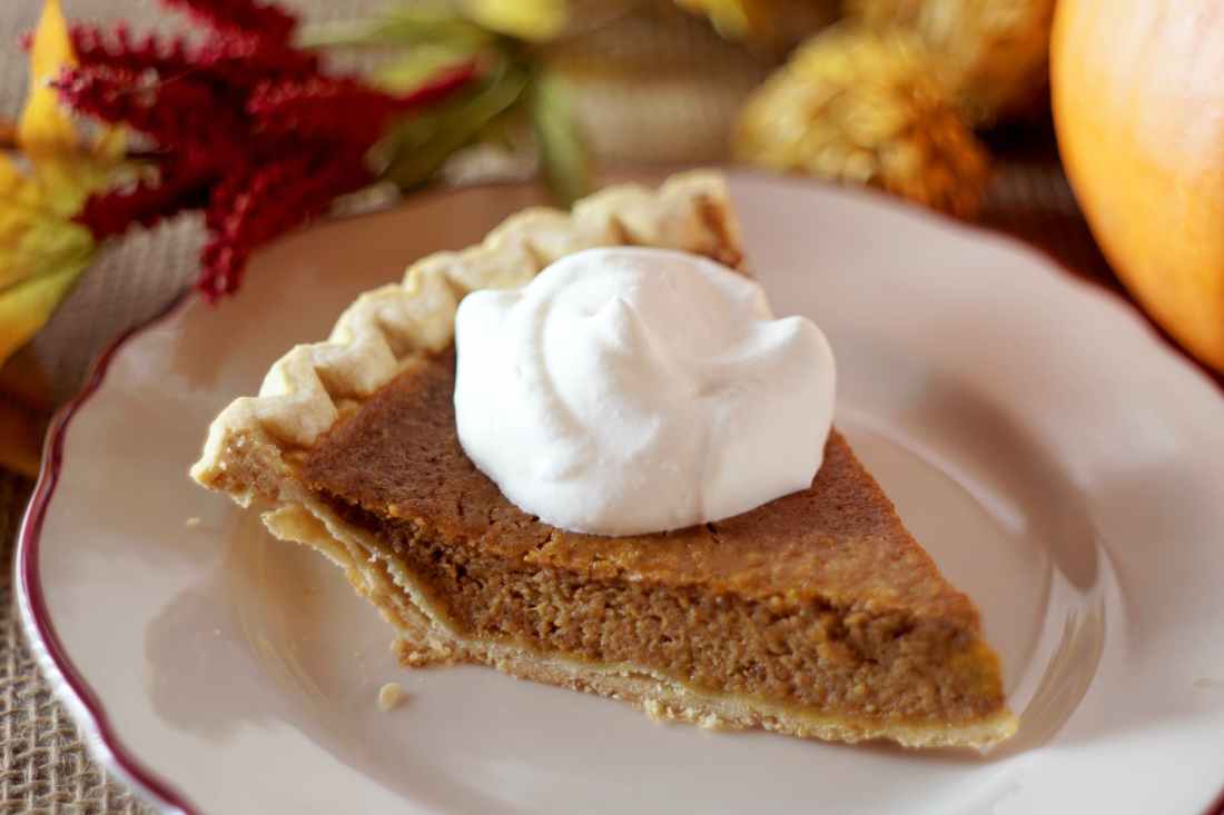close up photo of pumpkin pie with whipped cream