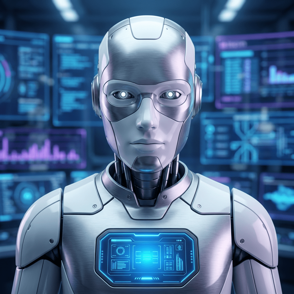 Silver humanoid robot with glowing chest display and eyes against computer interfaces.