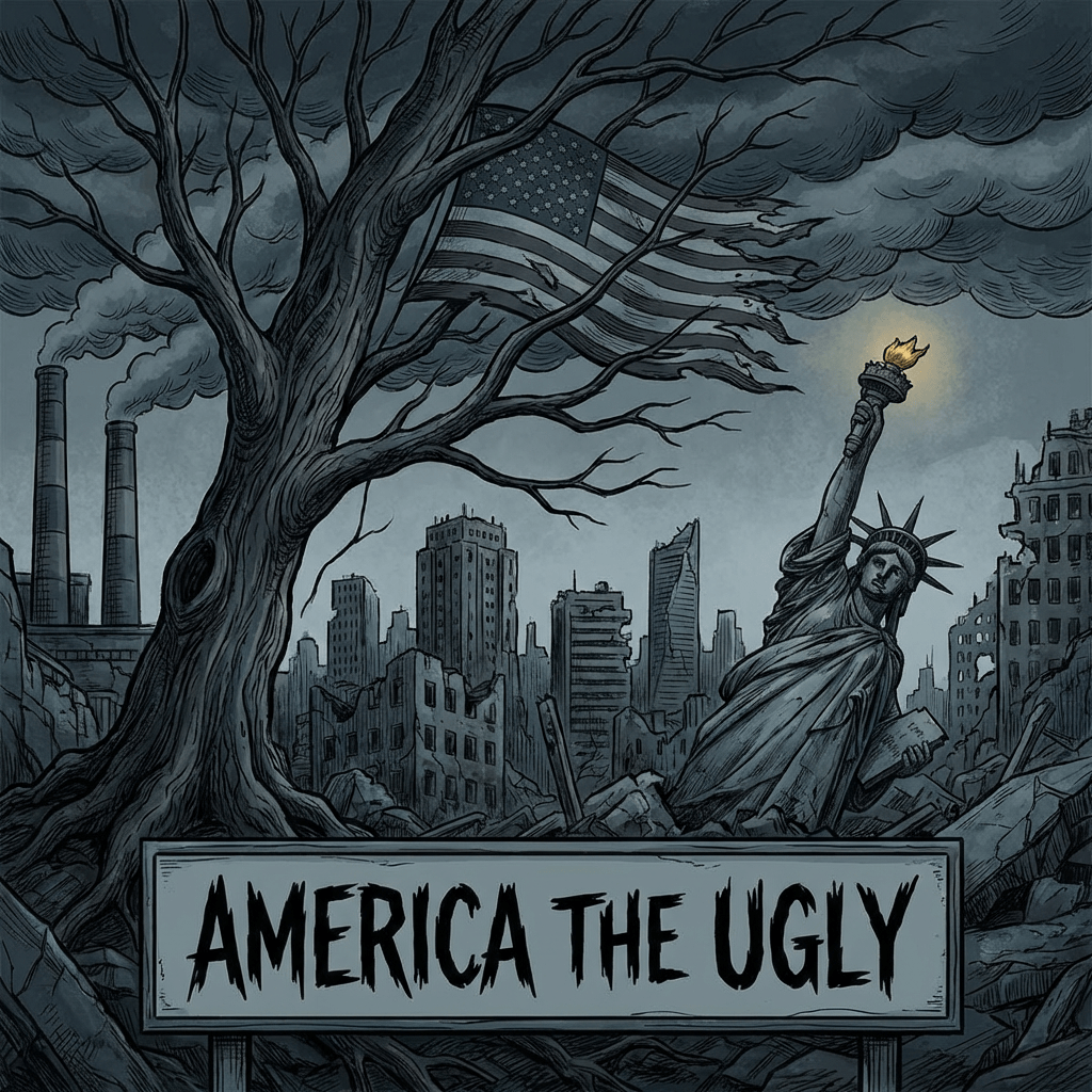 Dystopian city landscape with a sign that reads, "AMERICA THE UGLY."