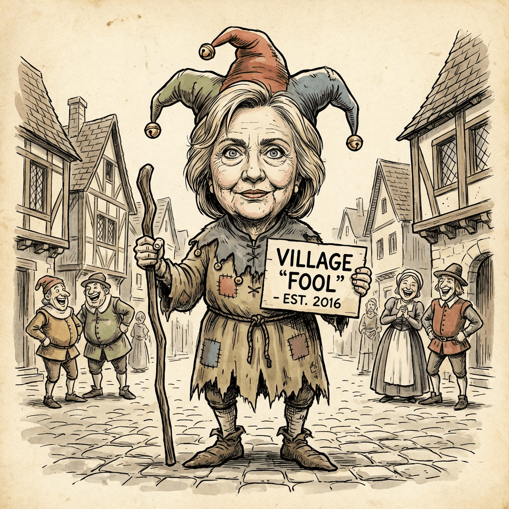Caricature of Hillary Clinton as a jester holding a sign reading VILLAGE 'FOOL' - EST. 2016.