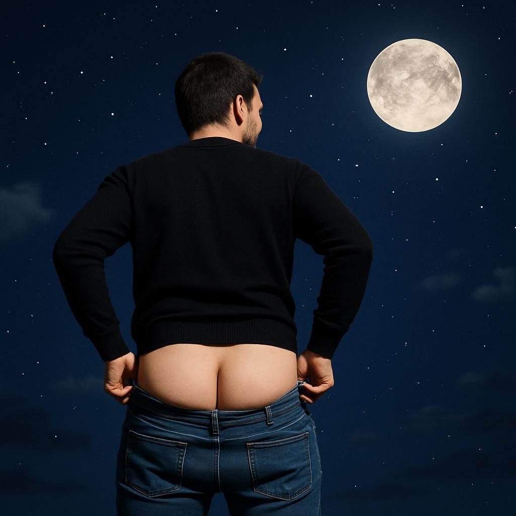 A man from behind pulling down his pants to moon a bright full moon.