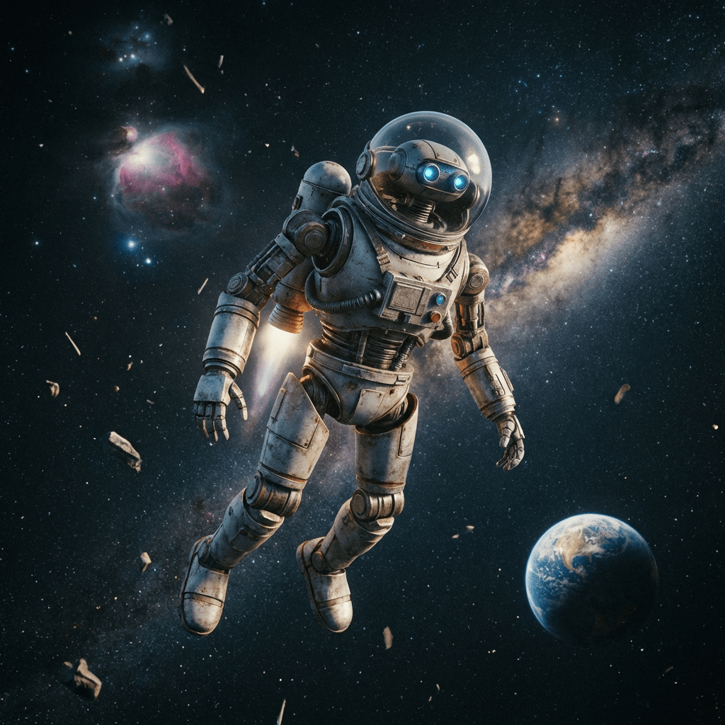 A weathered robot in an astronaut suit floating in space above planet Earth.