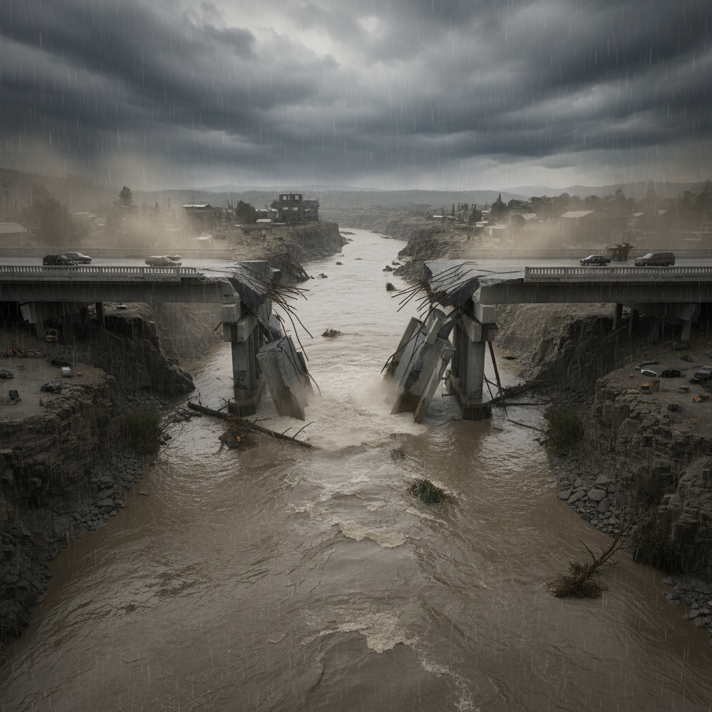 Collapsed concrete bridge over flowing river with rain and dark clouds