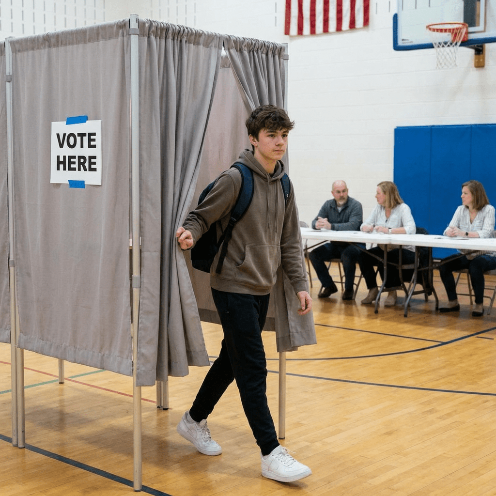 Teenager with backpack leaving a voting booth in a gym with election officials seated at a table