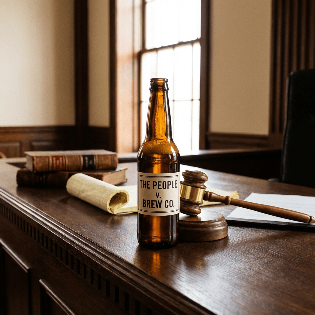 Brown beer bottle labeled The People v. Brew Co. next to a wooden gavel on courtroom desk