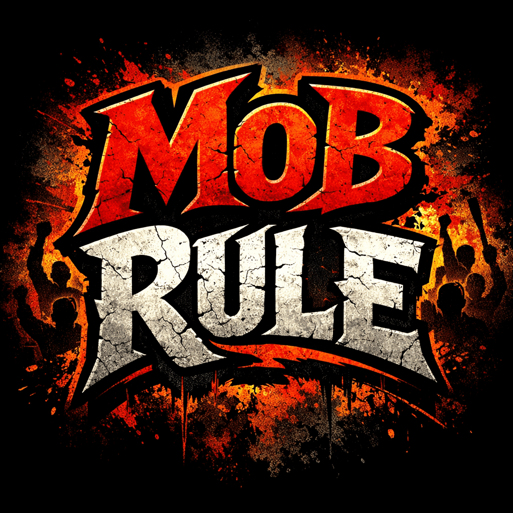 Graffiti style text 'MOB RULE' with red and white cracked letters and silhouetted crowd