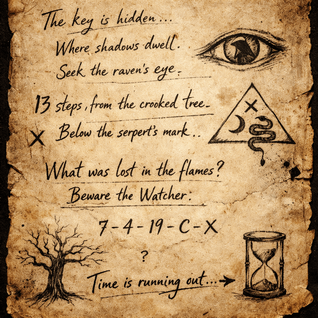 Ancient parchment featuring a cryptic poem, an eye illustration, a snake inside a triangle, a crooked tree drawing, and an hourglass symbol.