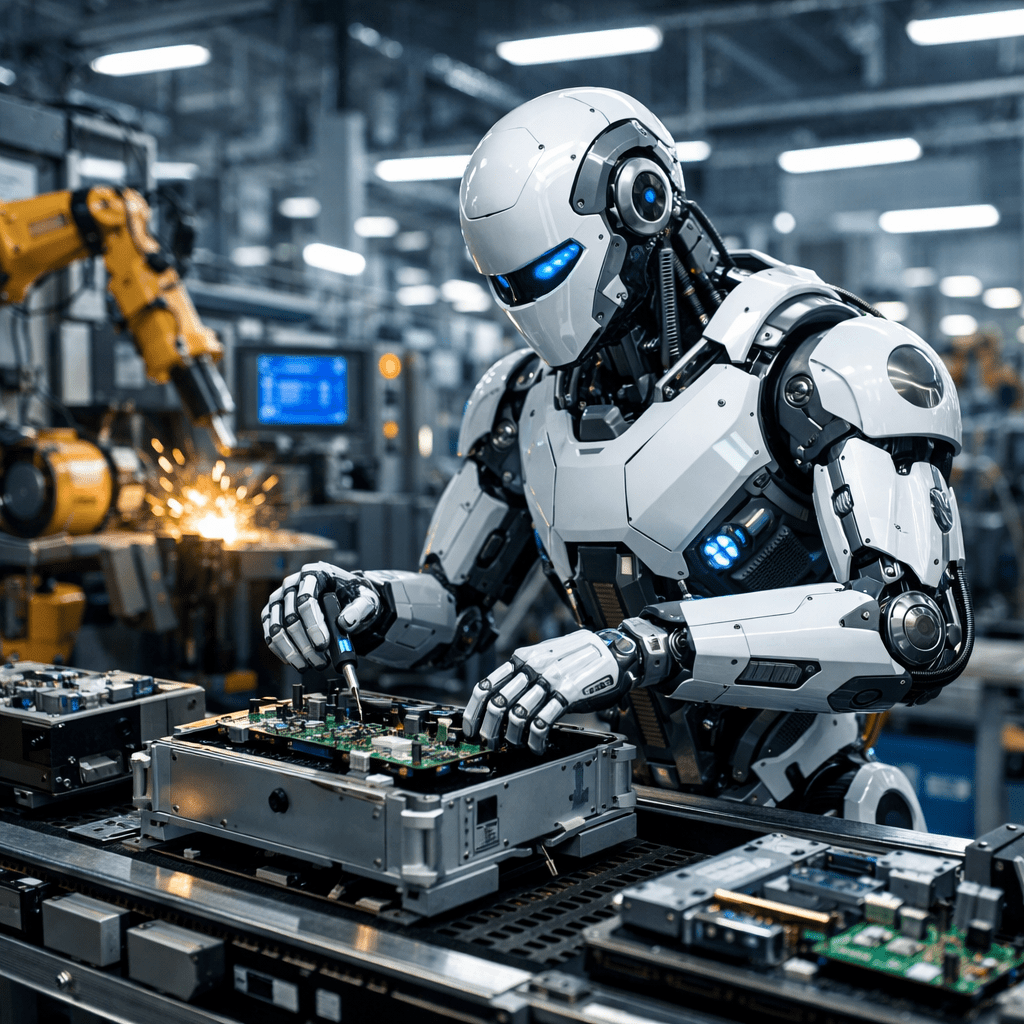 Robot assembling electronic circuit boards in a factory