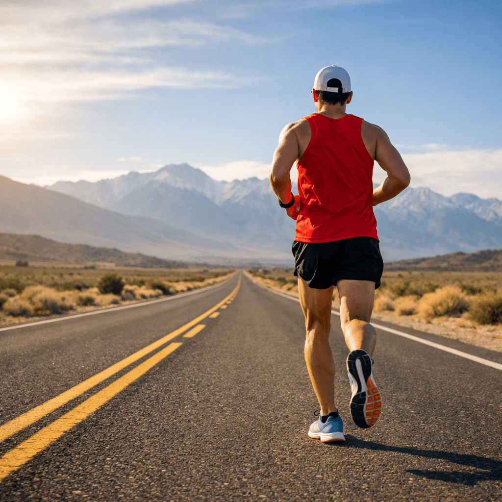 Man running on empty road in desert landscape with mountains