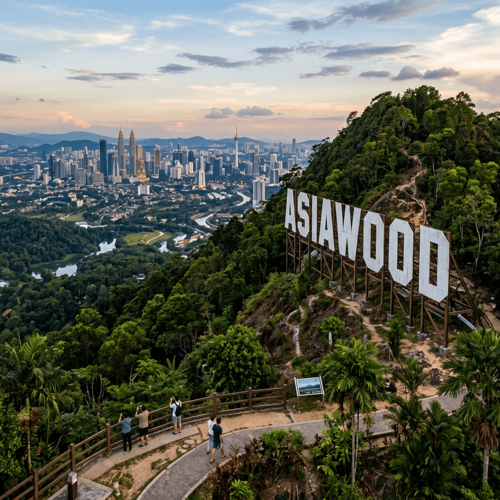 Asiawood sign on hill overlooking Kuala Lumpur cityscape with Petronas Towers