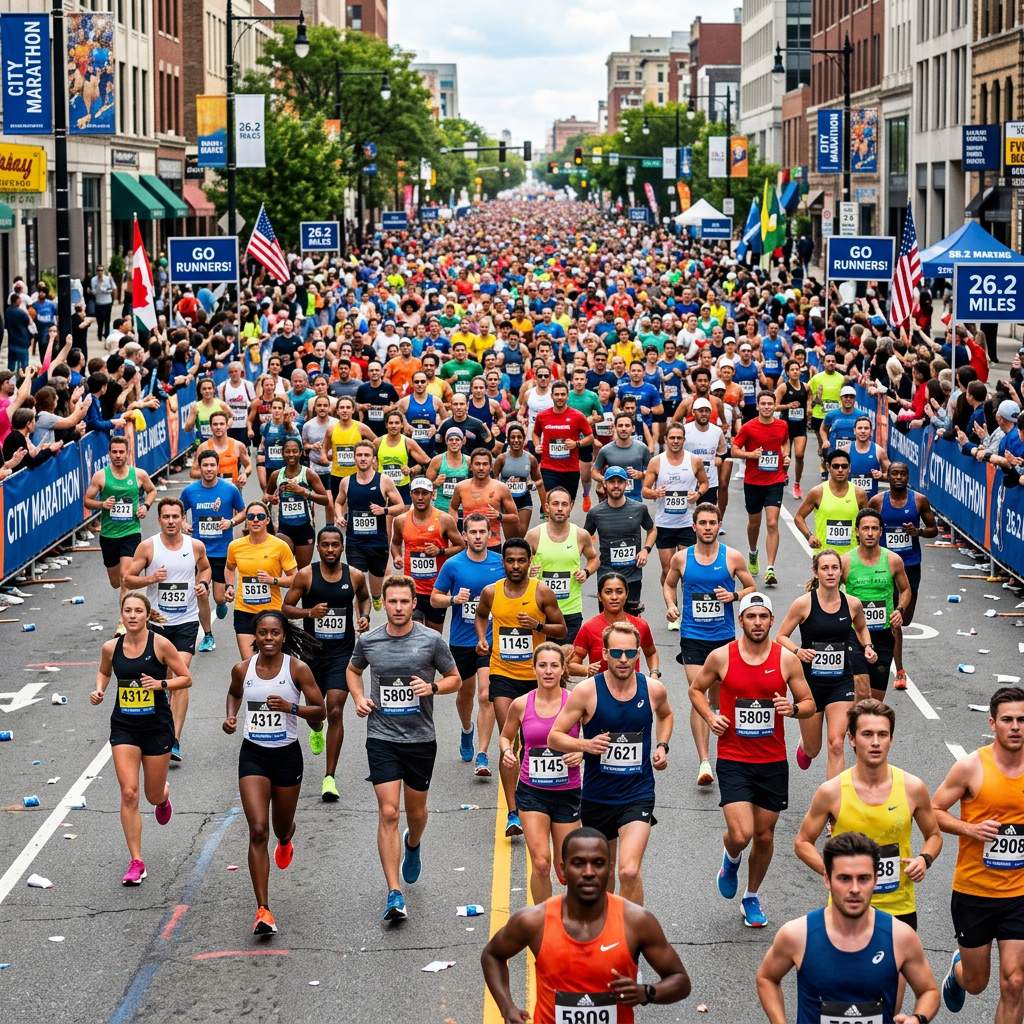Large group of diverse runners competing in a city marathon race on a downtown street