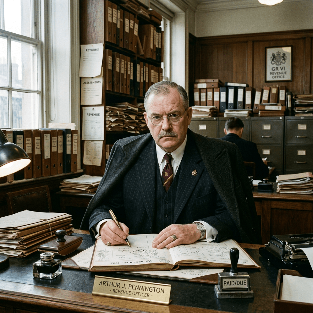 Revenue officer Arthur J. Pennington at desk with tax records and stamp in wood-paneled office