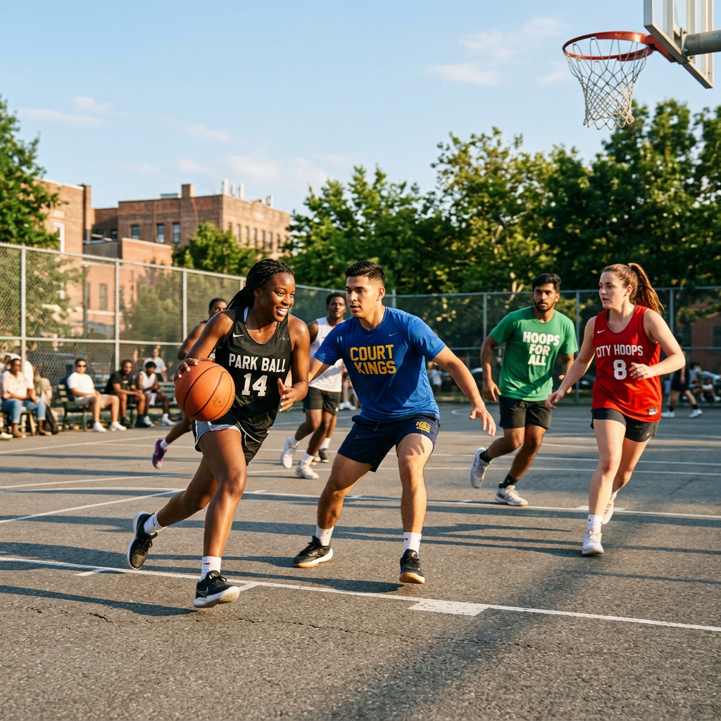 Young people playing basketball on an outdoor court with a crowd watching