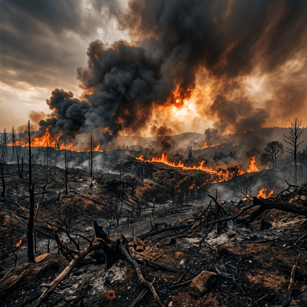 Wildfire burning through dry forest with thick black smoke and orange flames