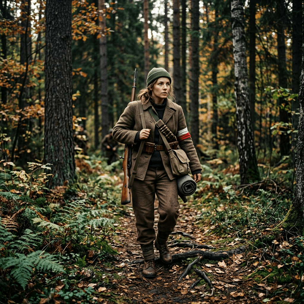 Woman partisan in WWII military attire walking in autumn forest carrying rifle and gear