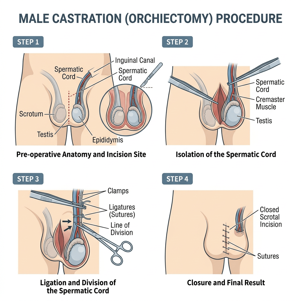 Stepwise male castration (orchiectomy) procedure with anatomy labeling and surgical steps