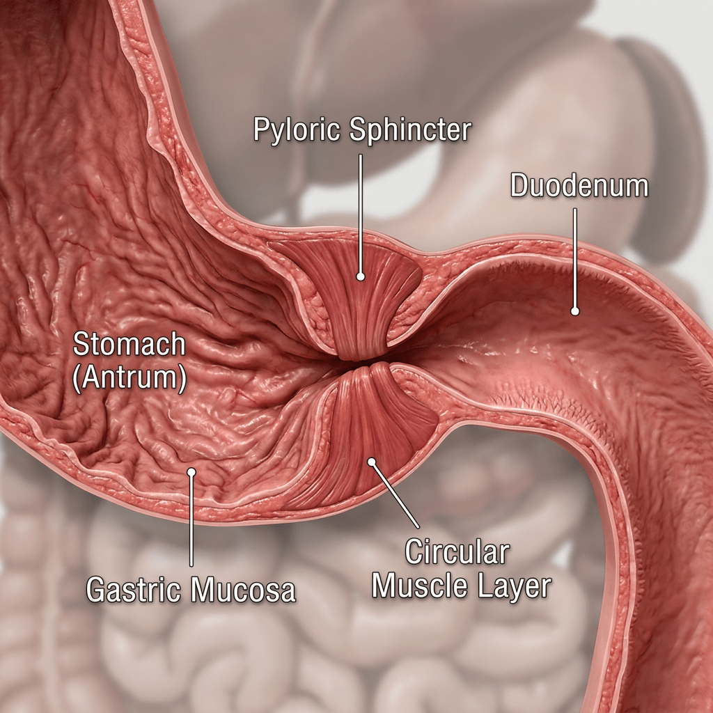 Cross-section illustration showing stomach antrum, pyloric sphincter, circular muscle layer, gastric mucosa, and duodenum