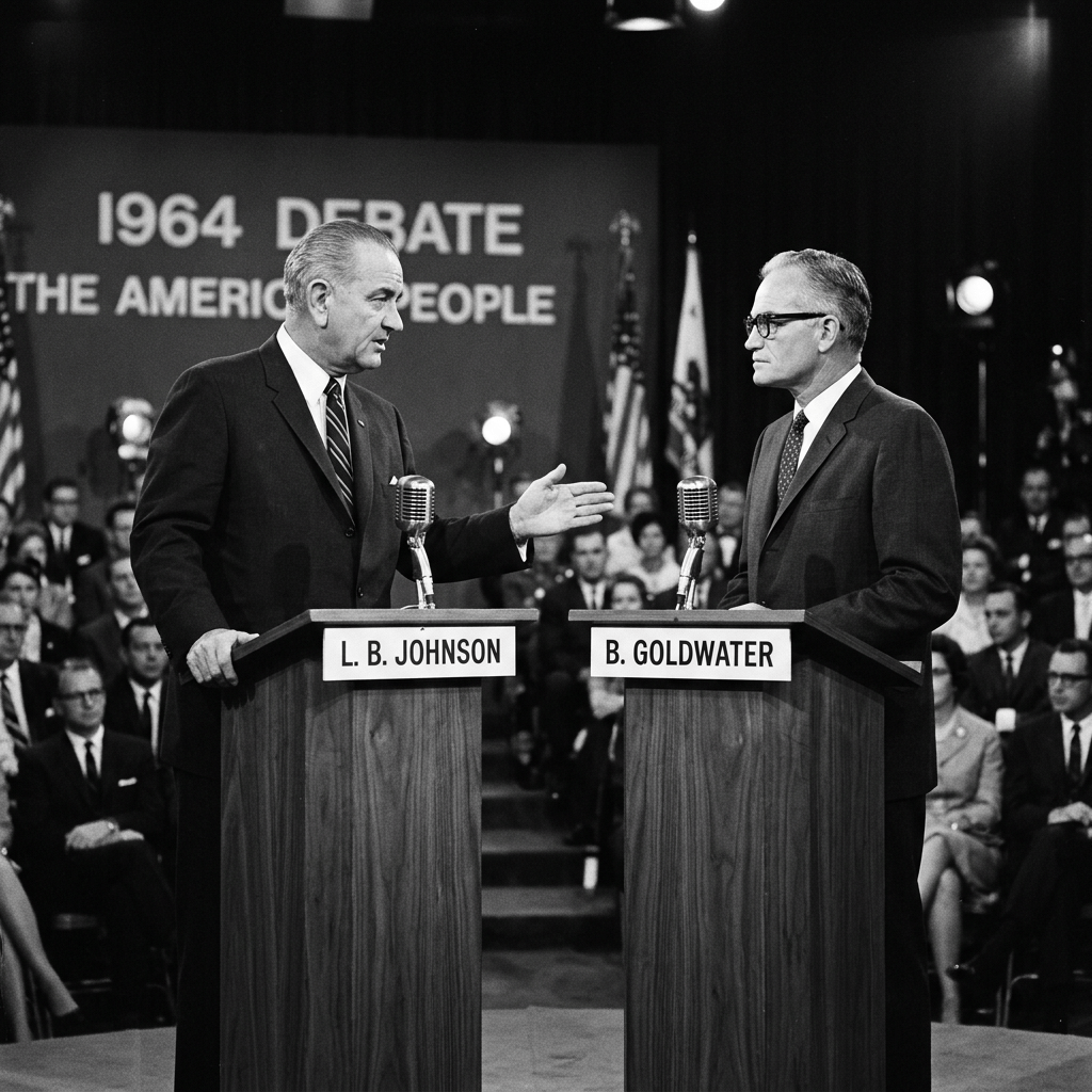 Lyndon B. Johnson and Barry Goldwater at podiums during 1964 presidential debate