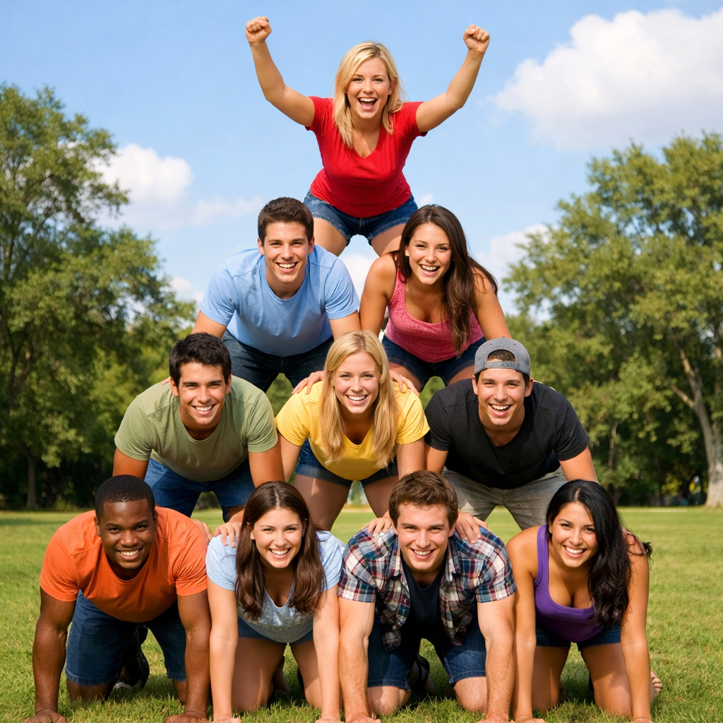Group of ten friends creating a human pyramid on grass in a park