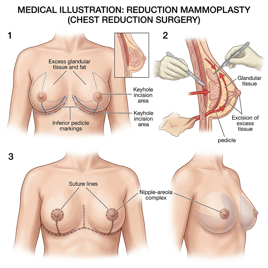 Medical illustration detailing steps of breast reduction surgery including incision, tissue removal, and sutures.