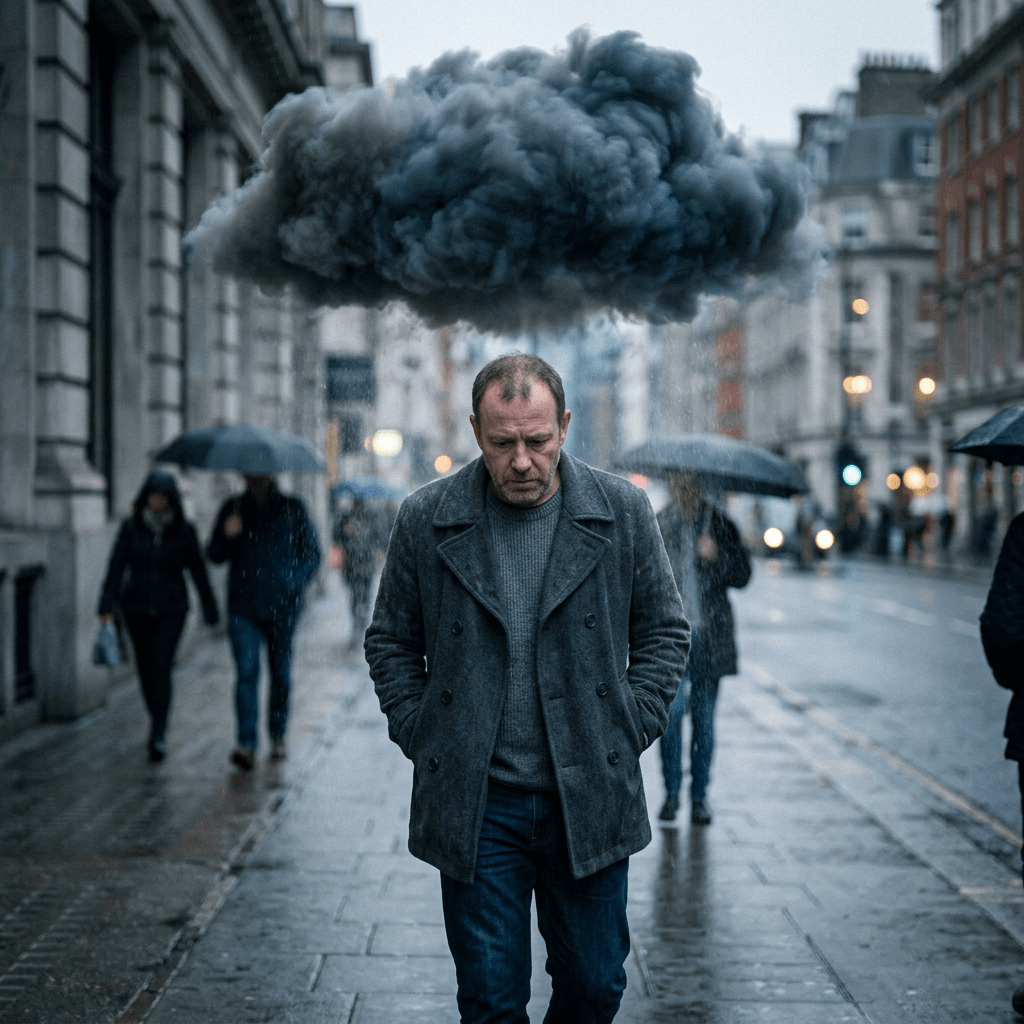 Man walking on rainy city street with black cloud raining over his head