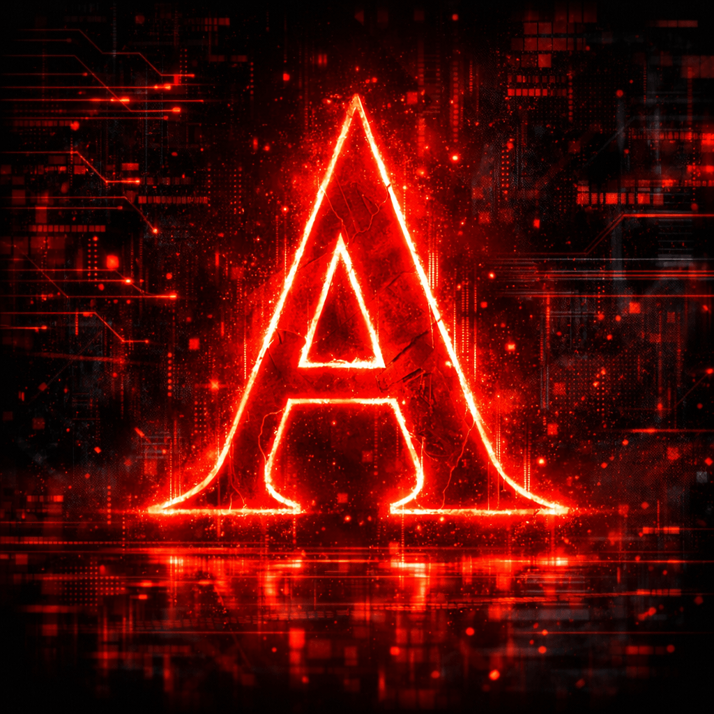 Red glowing letter A with digital circuitry and pixel effects