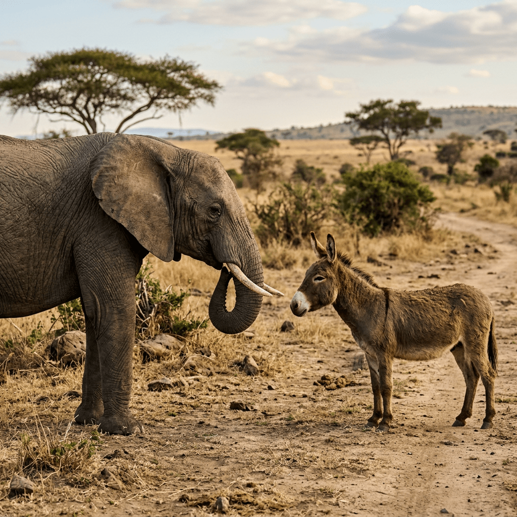 Elephant and donkey standing on a dirt path in a dry savannah landscape