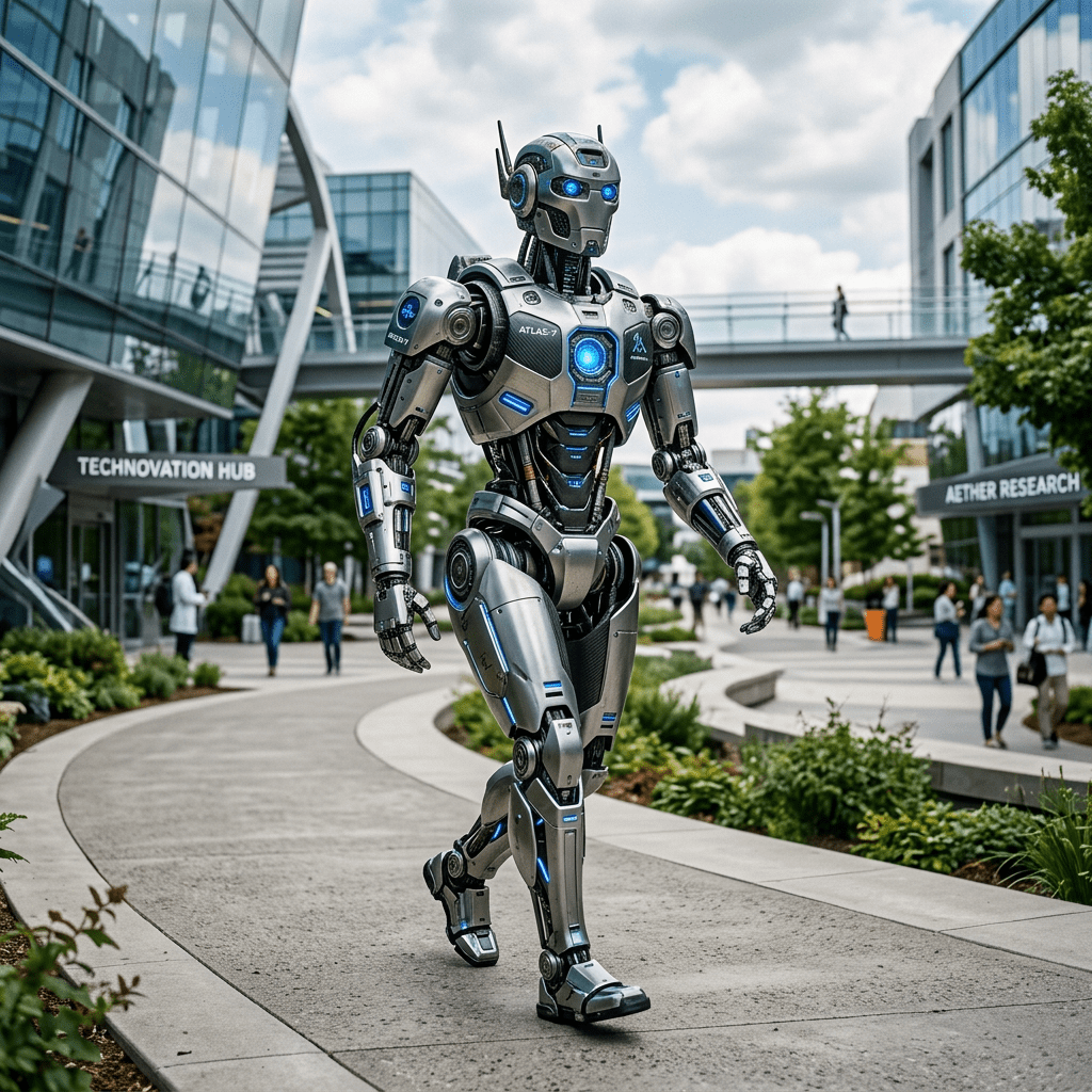 A silver humanoid robot with blue lights walking on a curved pathway amidst modern buildings