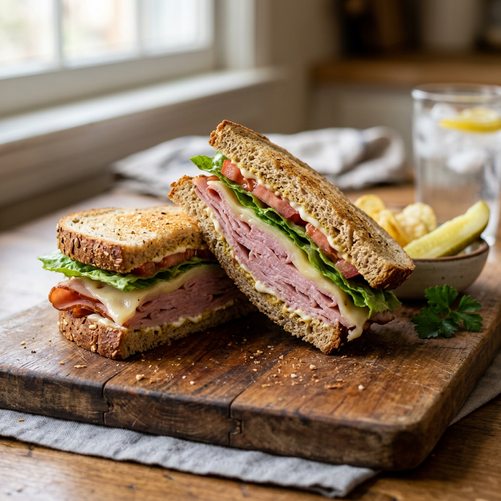 Ham and cheese sandwich with lettuce and tomato on whole grain bread