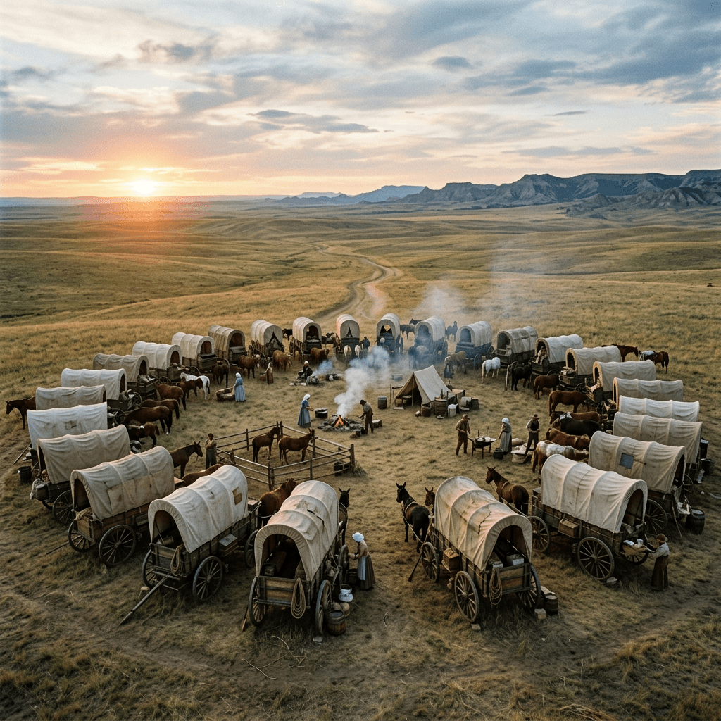 Circle of covered wagons and people camping on open plains at sunset