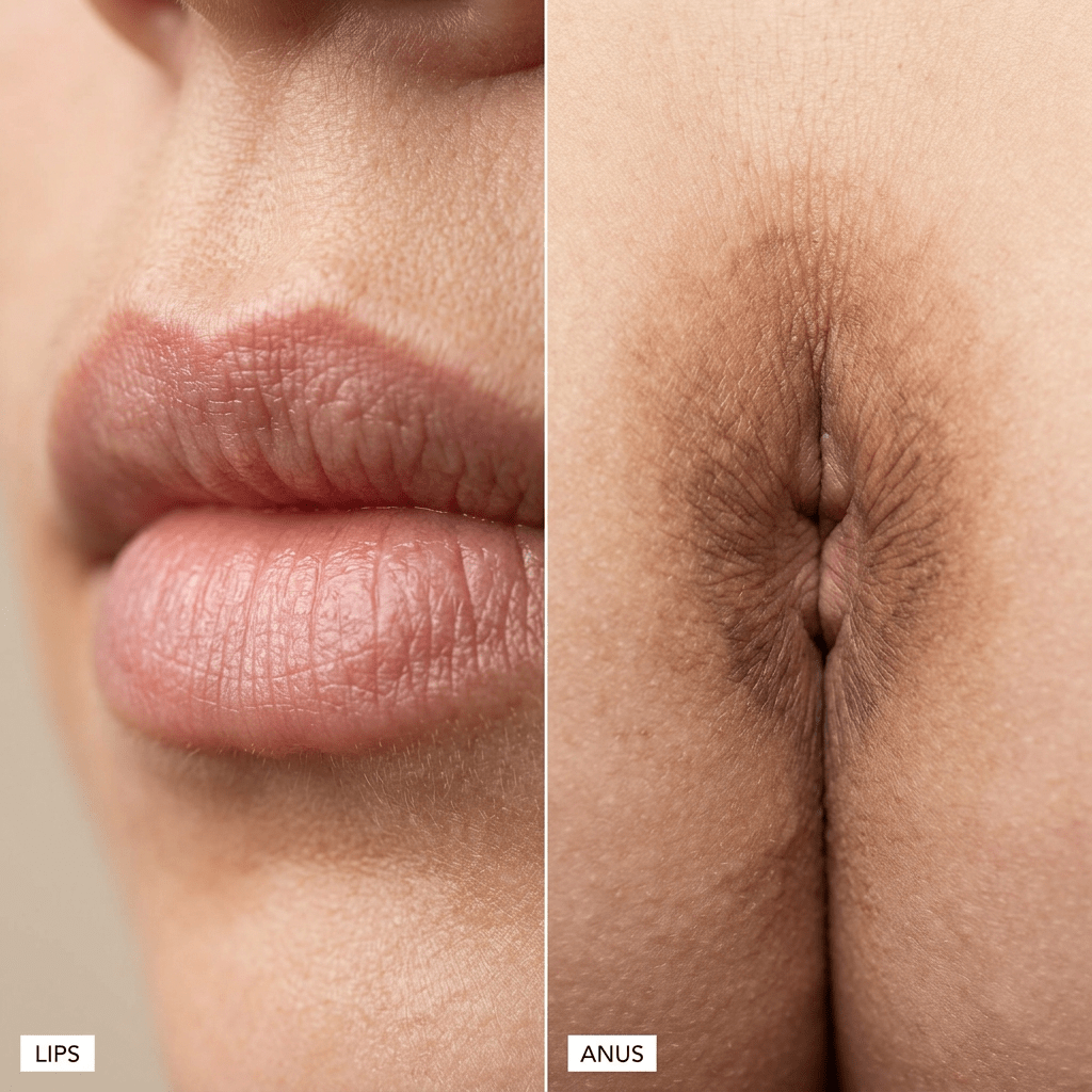 Close-up of human lips on left and anus on right showing skin texture
