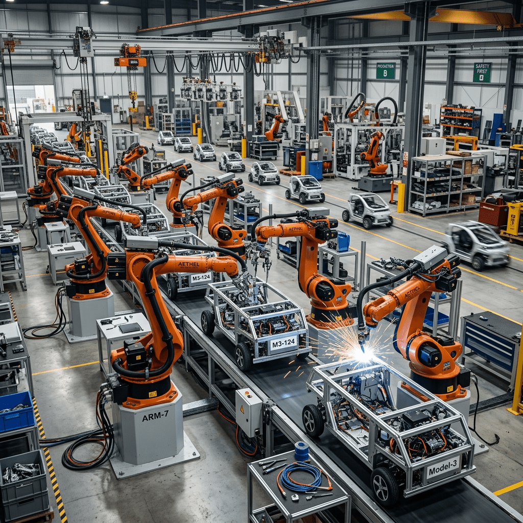Robotic arms working on electric vehicle frames on an automated assembly line