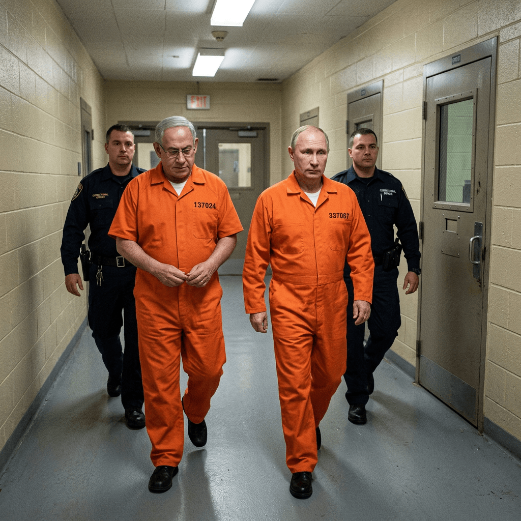 Two men wearing orange prison jumpsuits walking with two uniformed correctional officers in a hallway
