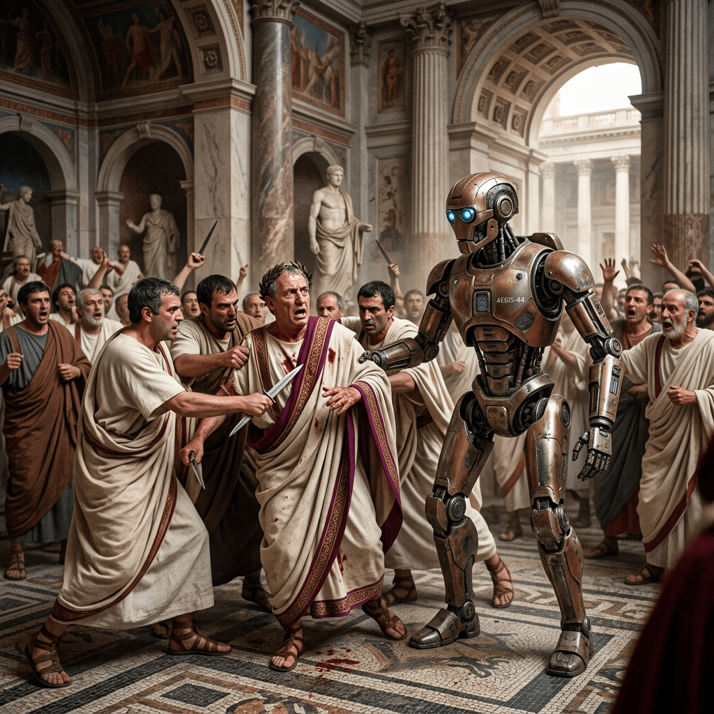 Julius Caesar in Roman toga surrounded by angry men with knives and a futuristic robot in an ancient Roman hall