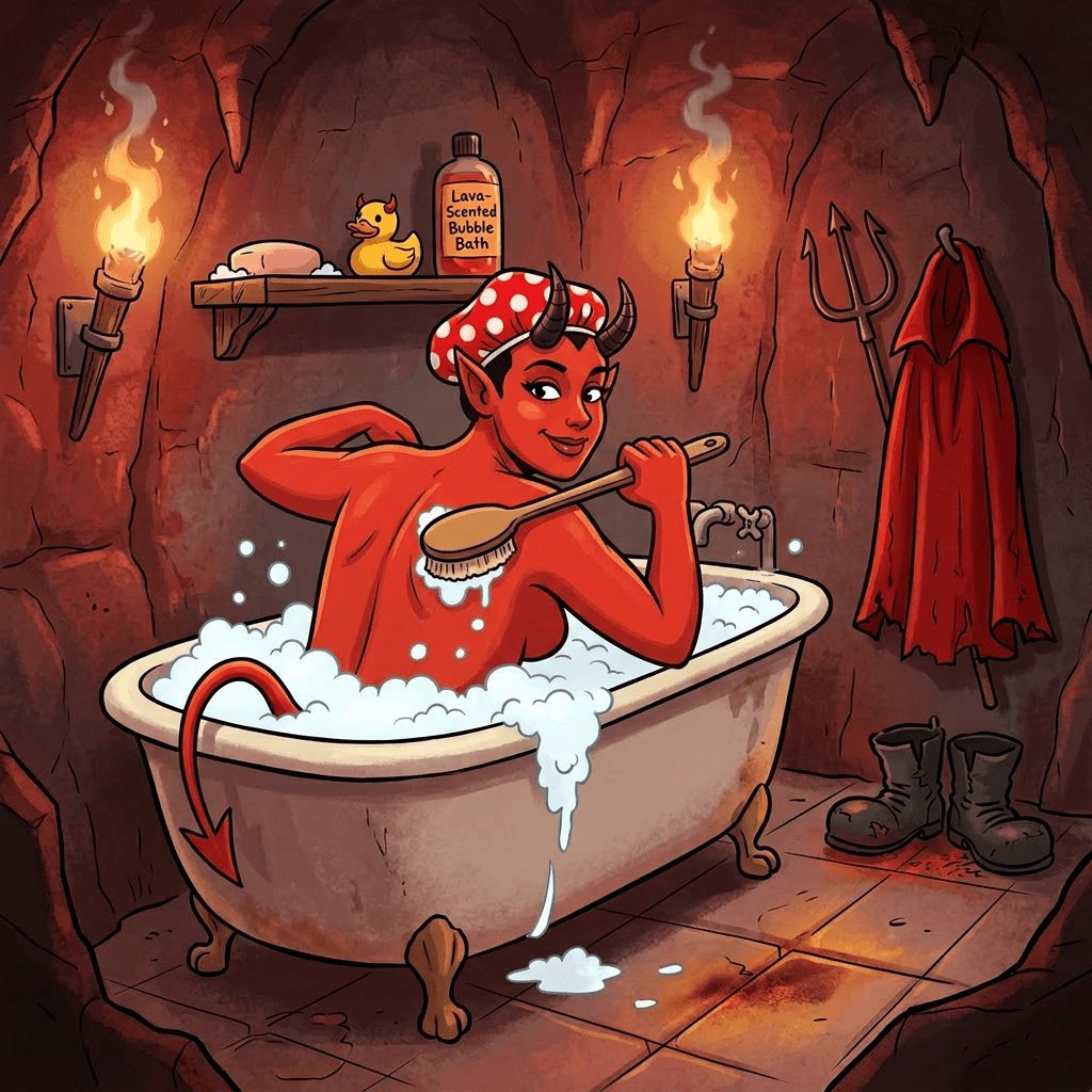 Devil in a bathtub scrubbing back with a brush surrounded by cave torchlight