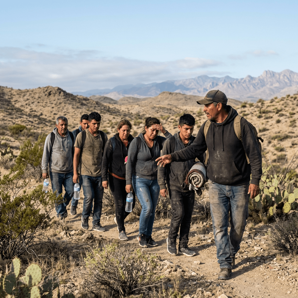 Seven people walking single file on a desert trail with mountains in the background.