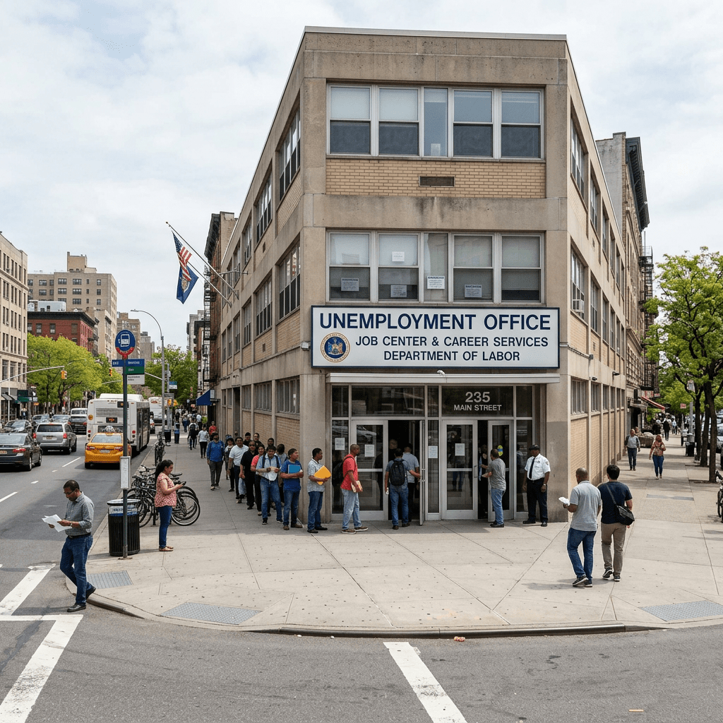 Line of people waiting outside unemployment office on city street corner