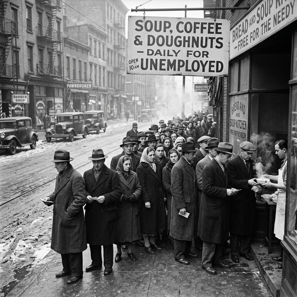 People lined up at a soup kitchen receiving free food and coffee during the Great Depression