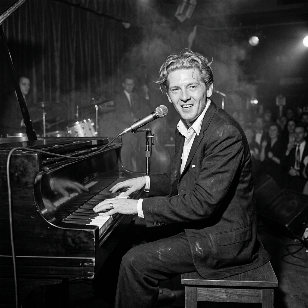 Musician playing piano and singing into microphone on stage with band