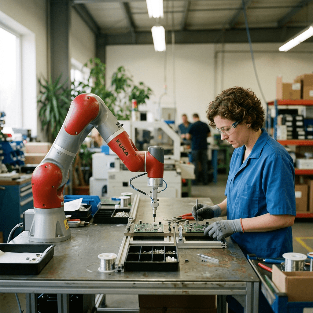 Technician assembling circuit boards next to a robotic arm in a workshop