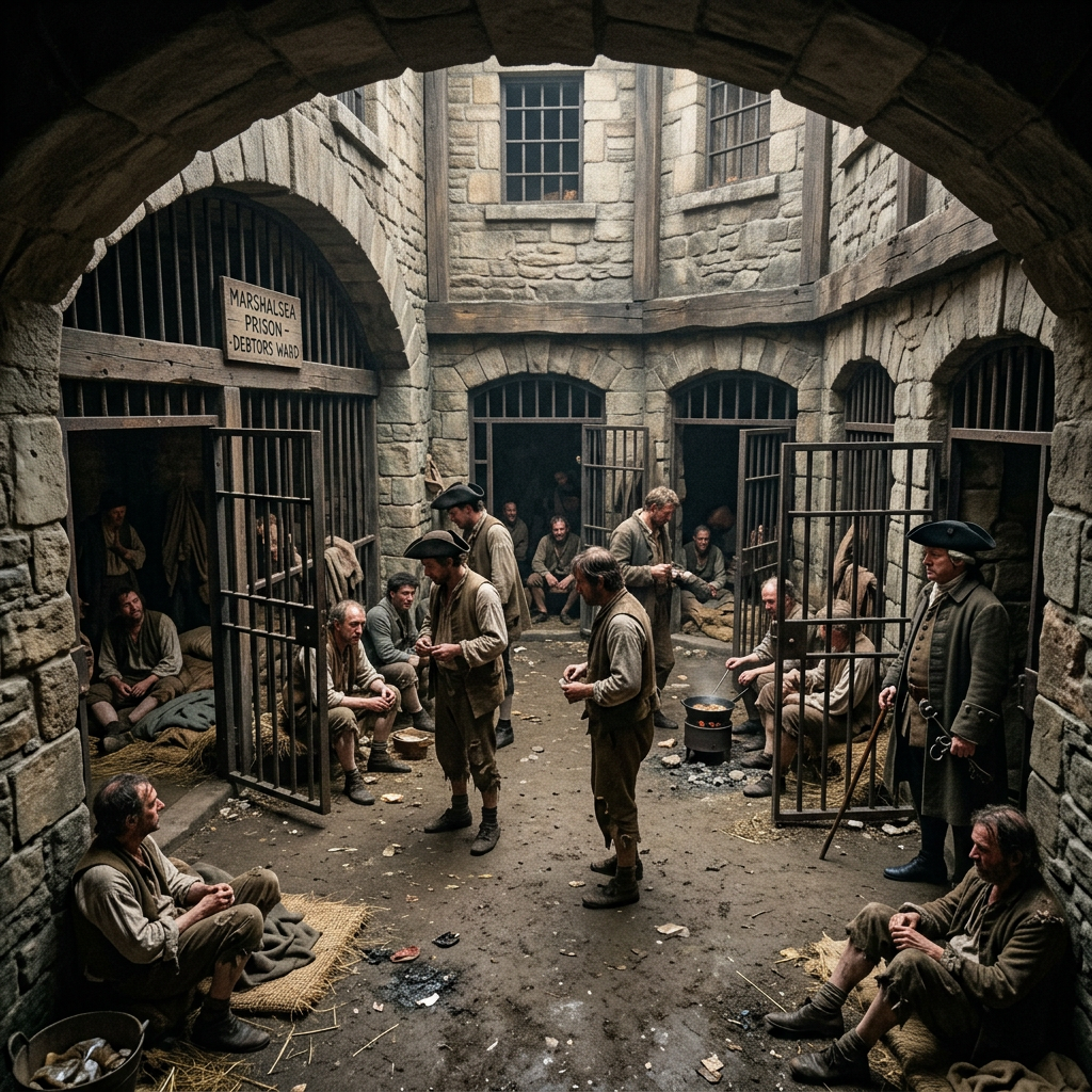 Courtyard of Marshalsea prison with men in period clothing