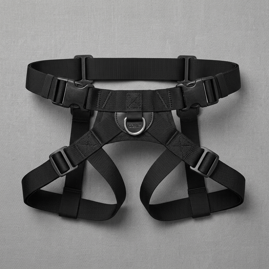 Black climbing harness with adjustable straps and central metal ring