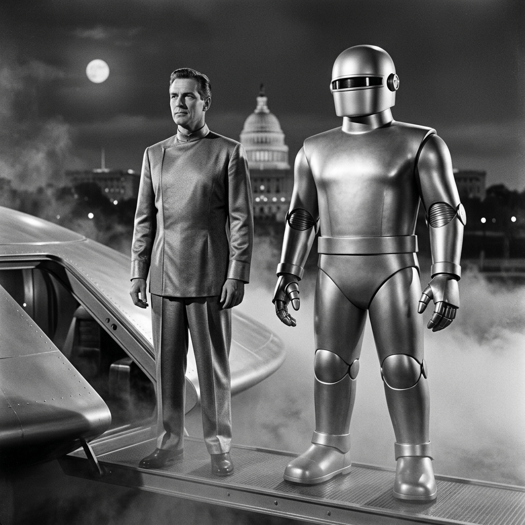Man in futuristic suit standing next to a large metallic robot by a spaceship