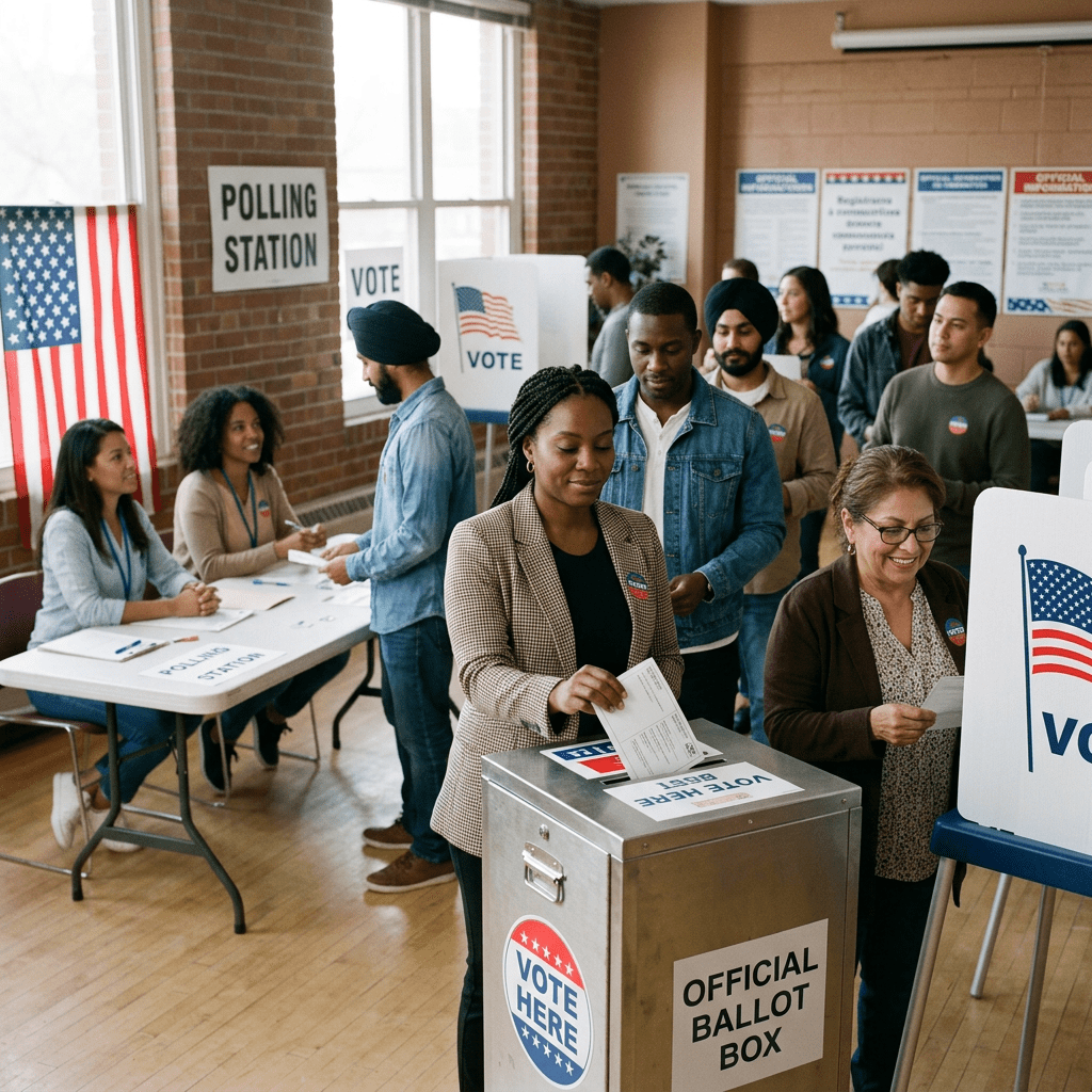 Diverse group of people voting at an official ballot box inside a polling station