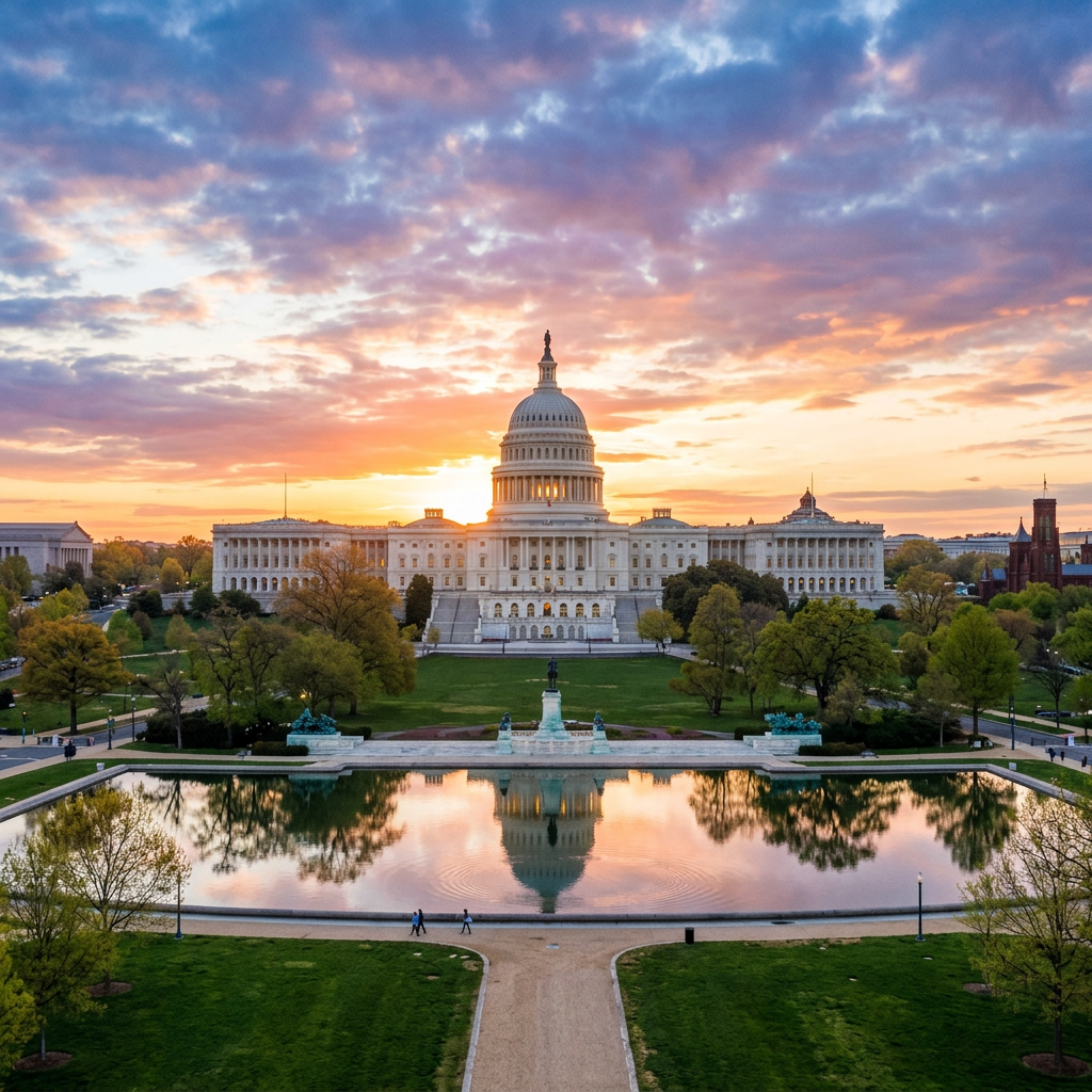 US Capitol Building with sunrise and reflecting pool in front