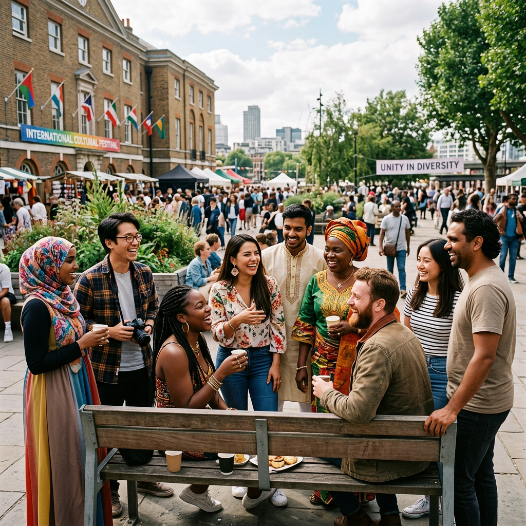 Group of diverse friends laughing and chatting at an outdoor cultural festival
