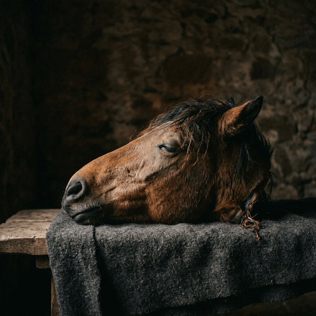 Horse laying its head on a blanket in a dimly lit stable
