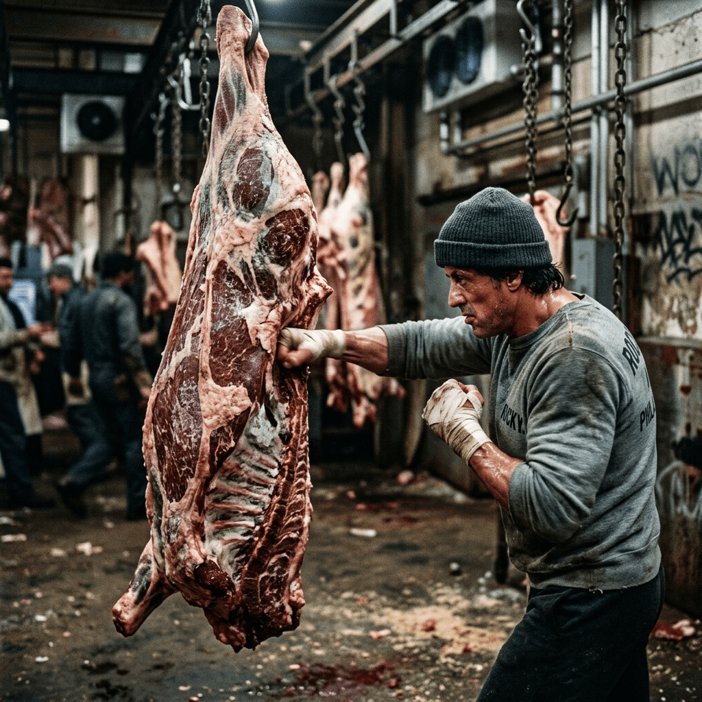 Man wearing gray beanie and sweatshirt punching hanging meat carcass in industrial locker room