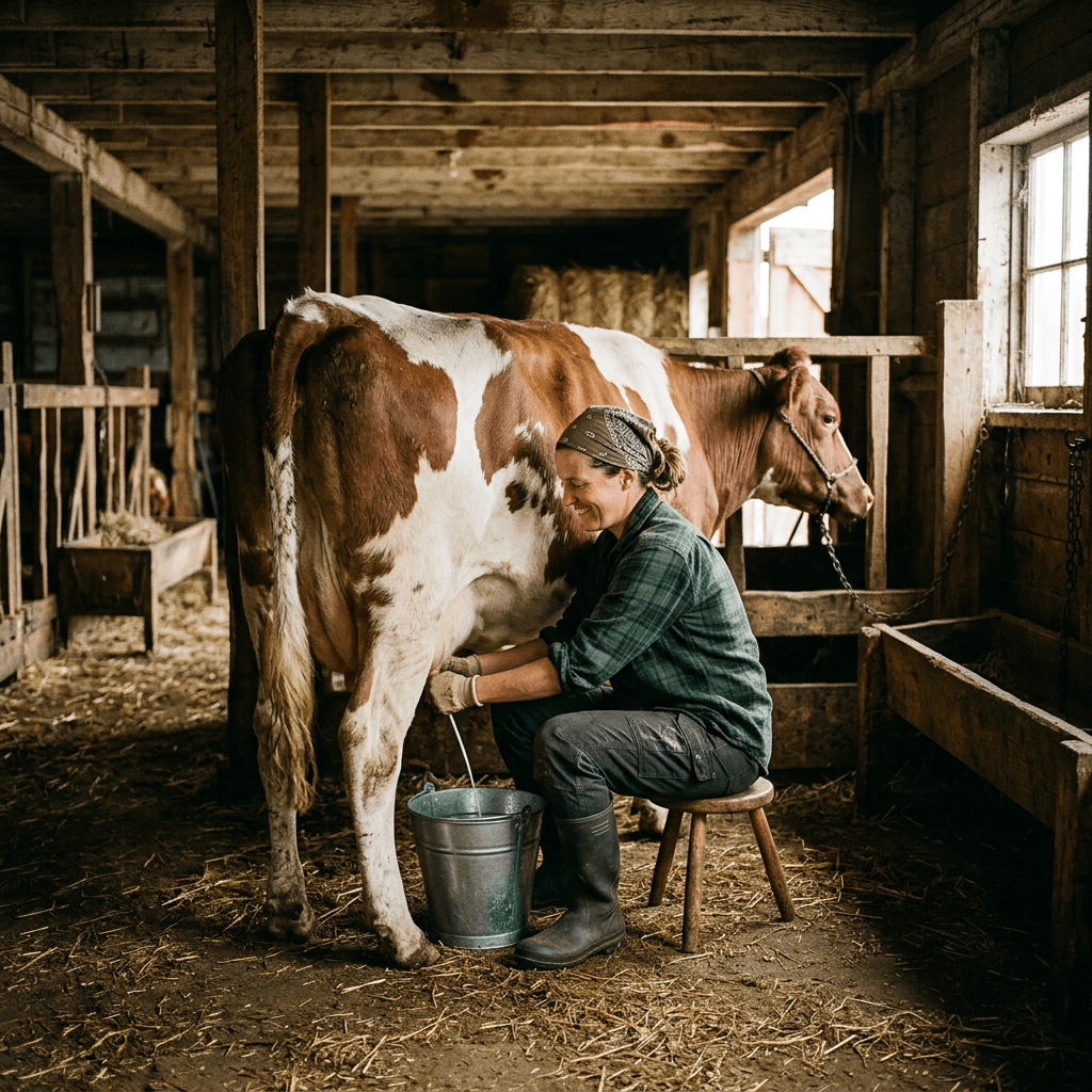 Person milking a brown and white cow by hand in a rustic barn