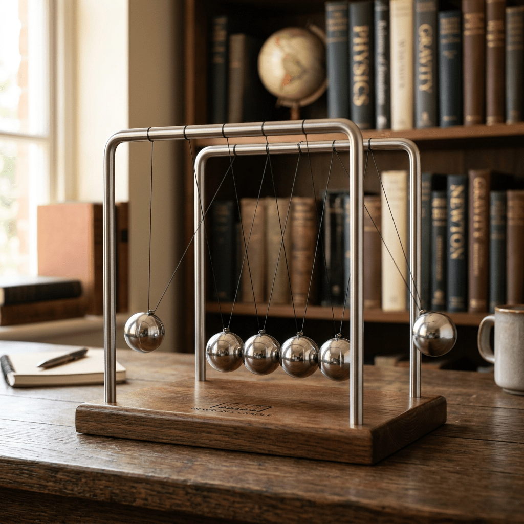 Newton's cradle with five metal balls on a wooden base on a desk in front of bookshelves